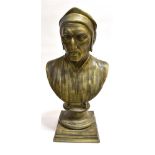 A LARGE COMPOSTITION BUST OF DANTE on circular waisted socle and square base, 69cm high