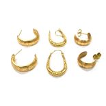 THREE PAIRS OF 9CT GOLD EARRINGS comprising two pairs of hoops and pair of creoles of hollow