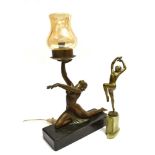 AN ART DECO STYLE TABLE LAMP the light fitting supported by nude kneeling female figure, on