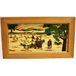 A LARGE LIMITED EDITION MOORCROFT POTTERY 'HARVEST GIANTS' PLAQUE in light oak frame, signed by Anji