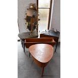 A MIXED COLLECTION OF 'RETRO' FURNITURE including teak plant trough, shaped triangular sewing table,