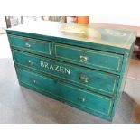 A PAINTED PINE CHEST OF TWO SHORT AND TWO LONG DRAWERS the top decorated with a three masted
