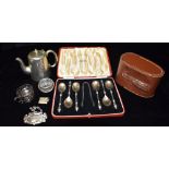 A MIXED LOT OF SILVERWARE Comprising a pair of Mappin and Webb silver gentlemans clothes brushes,