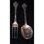 A EARLY 20TH CENTURY TREFID SPOON AND FORK SET by Francis Higgins, of plain form engraved JRB to