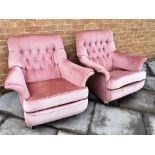 A PAIR OF G-PLAN STYLE BUTTON UPHOLSTERED ARMCHAIRS suitable for re-upholstery