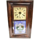 AN AMERICAN MAHOGANY CASED WALL CLOCK the door with reverse printed and painted decoration of a