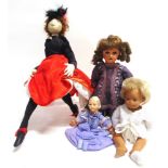 FOUR DOLLS comprising a Sasha plastic doll, with blonde hair, 29.5cm high; a Unis composition socket