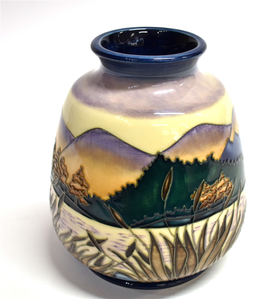 A LIMITED EDITION MOORCROFT POTTERY VASE IN THE 'SPIRIT OF THE LAKES' PATTERN commemorating the