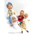 FIVE DOLLS comprising an Alt, Beck & Gottschalk bisque socket-head doll, with a cropped blode wig,