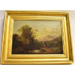 19TH CENTURY SCHOOL Figures walking in a country landscape Oil on canvas Frost & Reed label verso