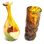 A MULTICOLOURED MDINA GLASS BOTTLE VASE with original paper label, 23cm high; and a textured glass