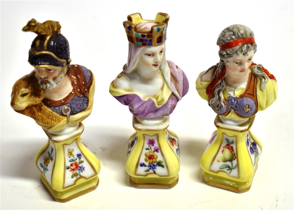 THREE 19TH CENTURY KPM BERLIN PORCELAIN BUSTS modelled as 'Mars', 'Bellona' and 'Cybele', polychrome