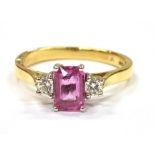 A PINK SAPPHIRE AND DIAMOND THREE STONE RING the rectangular cut cornered pink sapphire approx. 7