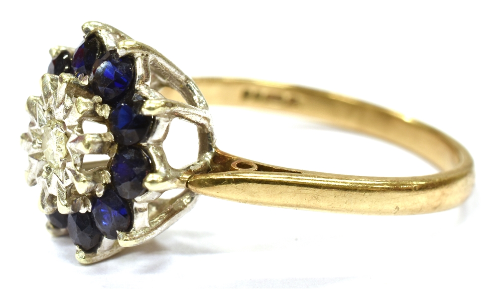 A 9CT GOLD DIAMOND AND SAPPHIRE CLUSTER RING the centre illusion set small diamond with sapphire - Image 3 of 3