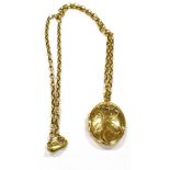 A 9CT GOLD OVAL LOCKET AND CHAIN the locket scroll and leaf decorated to front, 30 x 25mm to a