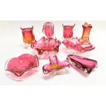 A GROUP OF FIVE PINK AND CLEAR ART GLASS BOWLS and four similar vases, including one with label