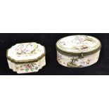 TWO CONTINENTAL ENAMELLED SNUFF BOXES each with metal mounts and decorated with pastoral scenes, the