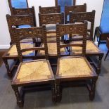 A SET OF EIGHT CARVED OAK FRAMED DINING CHAIRS with drop-in rush seats