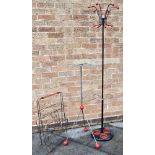 A CHROMED STEEL FRAMED 'ATOMIC' STAND 100cm high, a hat stand with cast iron base, and a wire work