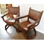 A PAIR OF CONTINENTAL SAVONAROLA TYPE ARMCHAIRS with leather upholstered seats, backs and