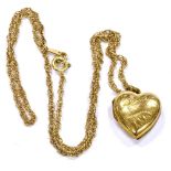 A 9CT GOLD CHAIN ON A SMALL 9CT BACK AND FRONT HEART SHAPED LOCKET The Prince of Wales link