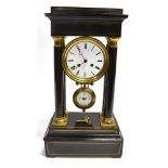A LATE 19TH CENTURY BRASS INLAID EBONISED PORTICO CLOCK the enamel dial with Roman numerals, the 8-