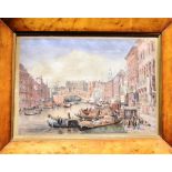 TWO VICTORIAN COLOURED PRINTS OF VENICE framed as a pair in maple frames the frames 42cm x 55cm