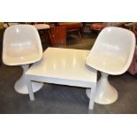 A PAIR OF WHITE FIBREGLASS TULIP STYLE DINING CHAIRS together with a Terence Conran square Formica
