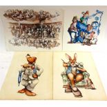 JON MILLER (BRITISH, CONTEMPORARY) Four assorted original book illustrations, mixed media, unsigned,