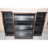 VICTORIAN EBONISED BREAKFRONT AND BRASS MOUNTED OPEN BOOKCASE, with marbled top, and two