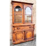 BURR WALNUT VICTORIAN BOOKCASE SECRETAIRE CABINET, with moulded cornice above a pair of domed glazed