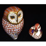 A ROYAL CROWN DERBY IMARI PALETTE PAPERWEIGHT modelled as an owl, 11cm high; together with another