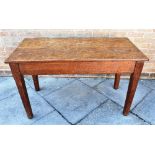 AN OAK SIDE TABLE, raised on square chamfered square supports, h 73cm x w 121cm x d 59cm