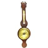 A VICTORIAN MAHOGANY BANJO BAROMETER/THERMOMETER with swan neck pediment, the silvered dial
