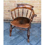 VICTORIAN ASH, ELM AND BEECH SMOKER'S BOW ARMCHAIR, stamped 'GB' to back of seat, 86cm high