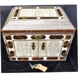 A 19TH CENTURY ANGLO-INDIAN VIZAGAPATAM TORTOISESHELL AND IVORY VENEERED TABLE TOP CABINET the lid