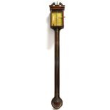 A MAHOGANY CASED STICK BAROMETER/THERMOMETER the brass register signed 'Thomas Wright', 97cm high