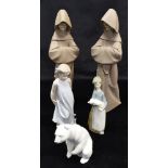 FIVE LLADRO FIGURES: two modelled as monks 35cm high; another as a young girl with butterflies; a