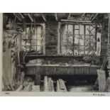RACHEL ANN LE BAS, N.E.A.C., R.E. (ENGLISH, 1923-2020) Workbench and Windows, etching, dated 1950