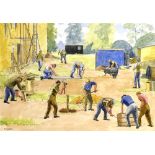 RACHEL ANN LE BAS, N.E.A.C., R.E. (ENGLISH, 1923-2020) 'Men at Work, or Bob the Builder', pen and