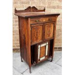 AN OAK AND CROSSBANDED AND MARQUETRY CUPBOARD, with a raised back above a single drawer, and twin