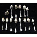 A QUANTITY OF 14 SMALL SILVER SPOONS To include teaspoons and a caddy spoon weighing a total of