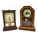 TWO AMERICAN MANTLE CLOCKS: one with alarm, trade label for 'PB' clocks, 31cm high; one in faux
