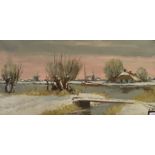 20TH CENTURY SCHOOL Snowy river landscape scene, possibly Dutch Oil on canvas Indistinctly signed
