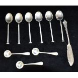 SET OF 6 ART DECO SILVER COFFEE SPOONS 3 silver salt spoons and a small silver preserve knife, 2.8