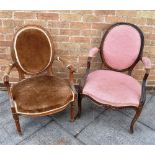 VICTORIAN MAHOGANY BALLOON BACK SALON ARMCHAIR, in pink upholstery, 92cm high, together with another