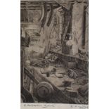 RACHEL ANN LE BAS, N.E.A.C., R.E. (ENGLISH, 1923-2020) 'A Carpenter's Bench', etching, titled