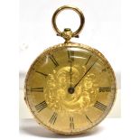 AN 18CT GOLD SMALL POCKET WATCH key winding movement, scroll and leaf decorated case and dial with