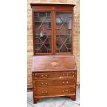 MAHOGANY AND SATINWOOD INLAID BUREAU BOOKCASE, the upper section with a pair of astragal glazed