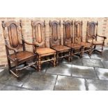 A SET OF SIX HARDWOOD HIGH-BACK DINING CHAIRS comprising two carvers and four standard chairs,